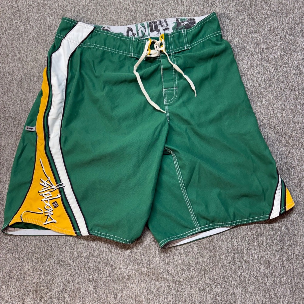 Vintage Billabong Andy Irons Rising Sun Board Shorts Mens 36 Green Surf Y2K